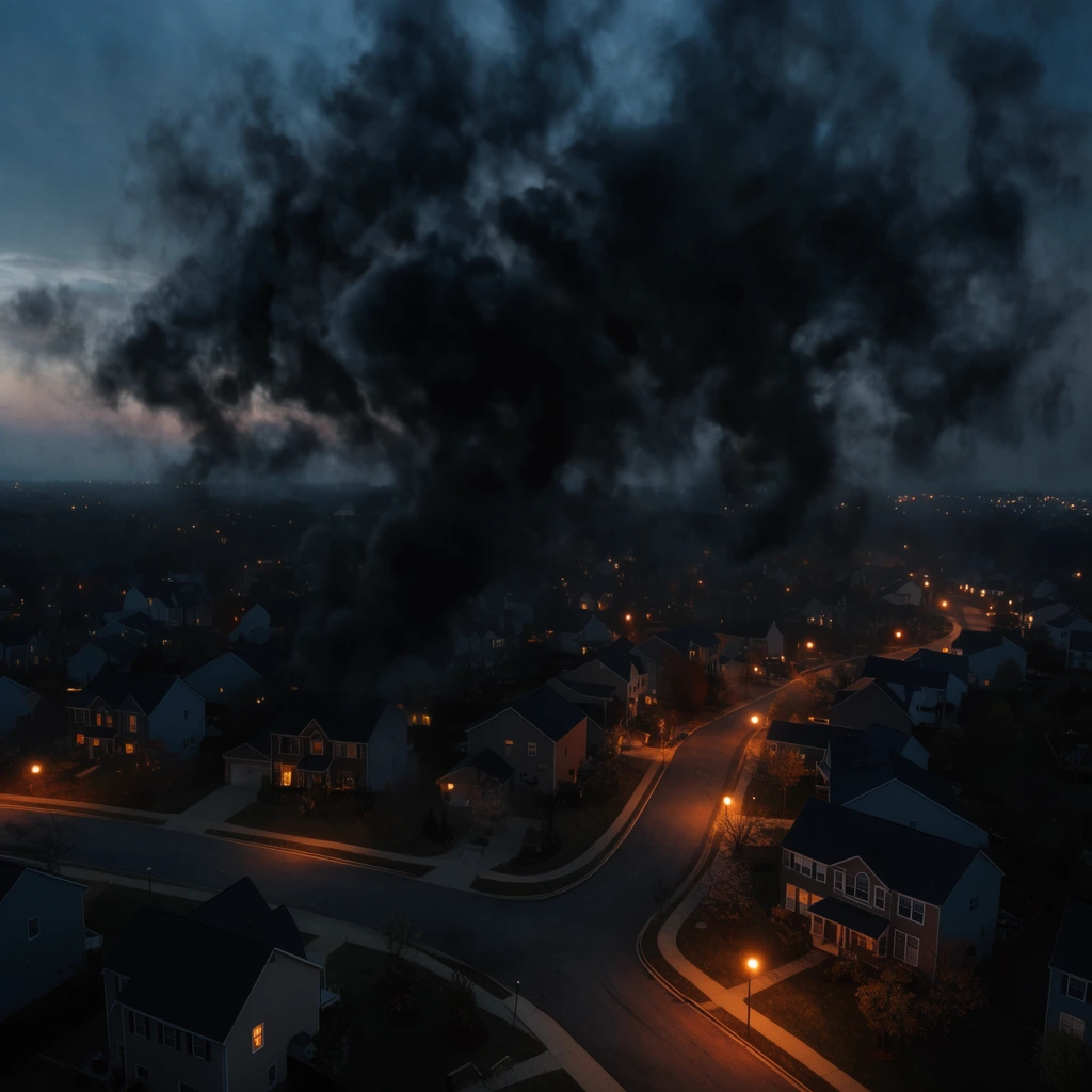 aerial view of a dark suburban neighborhood at twilight, massive swirling black smoke clouds dominating the sky, warm glowing streetlights, scattered illuminated house windows, winding asphalt roads, cinematic thriller aesthetic