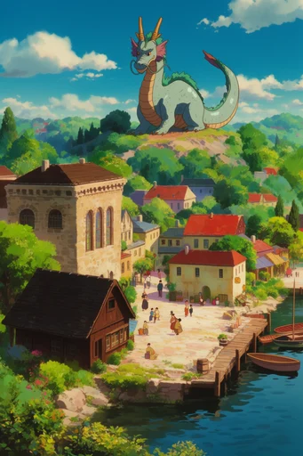 Nostalgic Ghibli Summer style reference image — sun-drenched coastal town