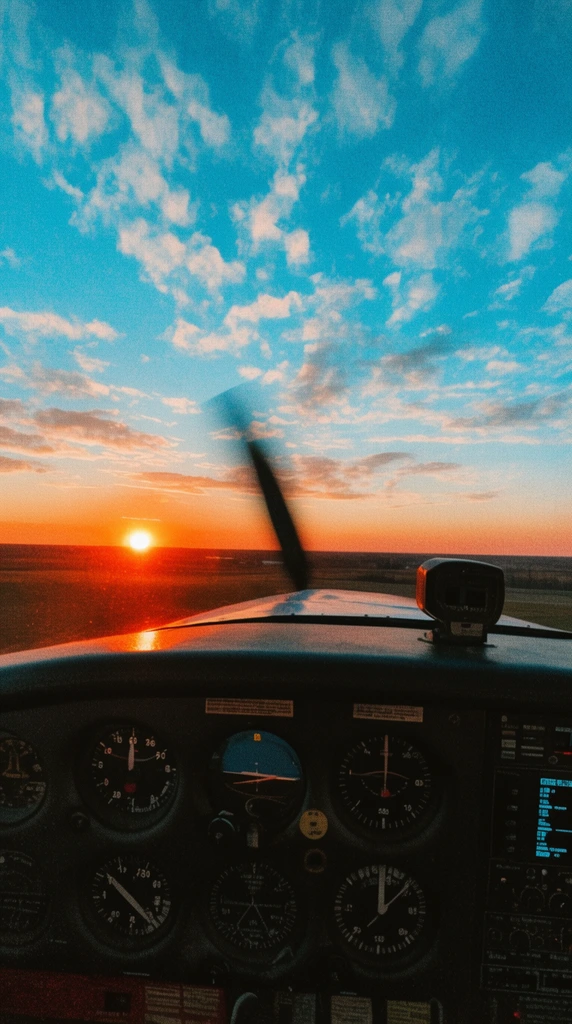 cockpit view from a small aircraft at sunset, dark dashboard with circular analog instruments, blurred spinning propeller blade center, vibrant orange sun on a flat horizon, vivid blue sky with scattered clouds, high contrast, grainy film photography