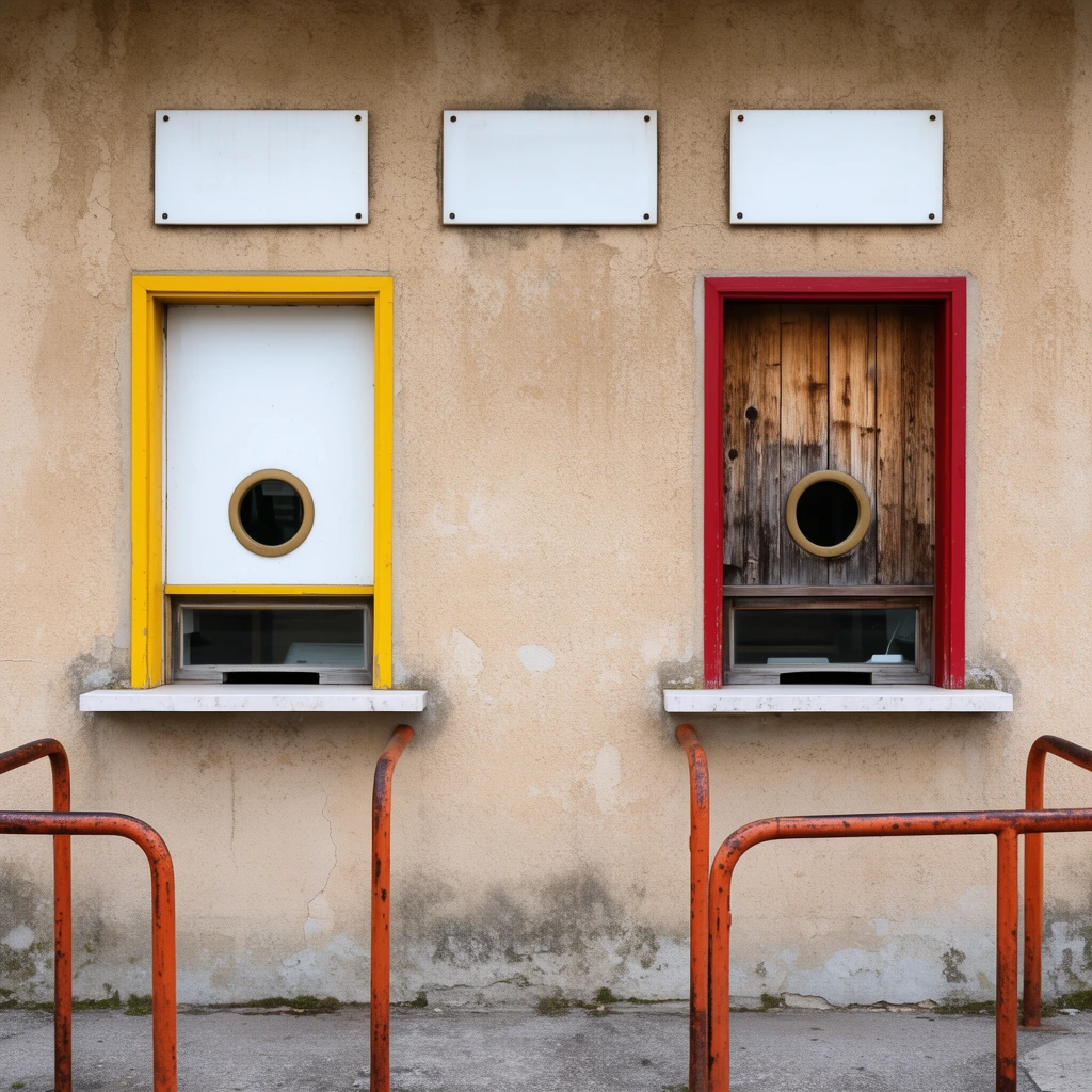 symmetrical weathered tan stucco ticket booth facade, two rectangular service windows, left window with white interior and yellow frame, right window with aged wood paneling and red frame, circular glass speaking holes, three blank rectangular white plaques mounted above, white stone sills, rusty orange tubular metal queue railings in foreground, flat elevation view, utilitarian design