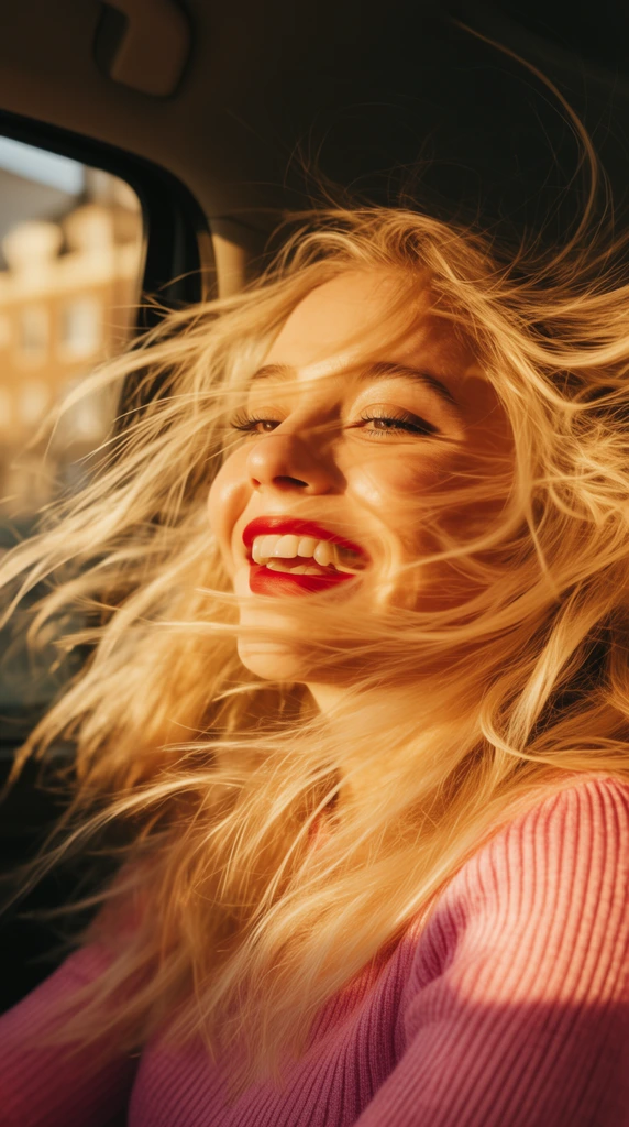 A close-up golden hour portrait of a joyful young woman with chaotic blonde hair whipping across her face. She smiles broadly with red lipstick and wears a pink ribbed knit top. Warm sunlight strongly illuminates her features and wispy hair strands. Set inside a dark vehicle interior, the shallow depth of field blurs a sunlit building seen through the window, emphasizing dynamic motion and radiant, warm illumination.