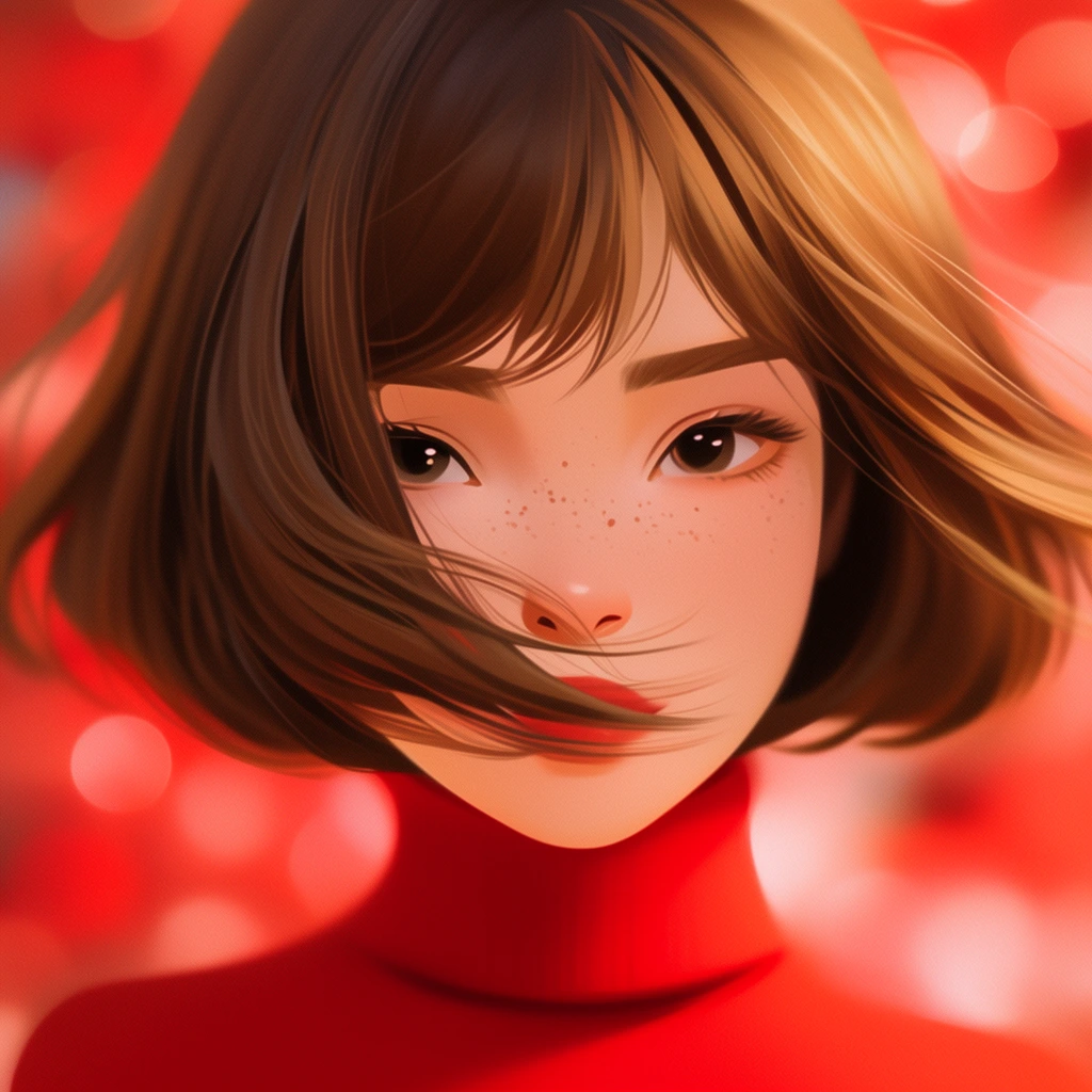 close-up stylized portrait of a young woman, short windblown brown bob, delicate freckles, vibrant red turtleneck, hair draped across face, smooth digital painting, blurred glowing red bokeh background, soft warm lighting