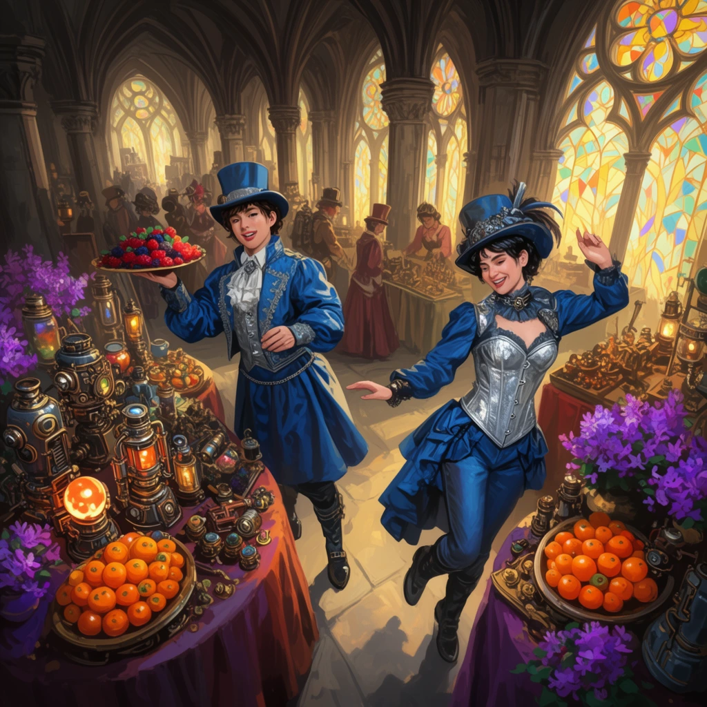 A vibrant steampunk bazaar features two human merchants in blue and silver Victorian attire presenting exotic goods. The foreground highlights stalls overflowing with glowing mechanical contraptions, bright orange fruits, and purple floral arrangements on draped tables. One merchant wearing a top hat lifts a tray of berries, while the other in a silver corset dances playfully. The background reveals a grand hall with towering gothic columns and stained glass panels casting warm yellow light over distant shoppers. Rendered as a lively digital illustration with a dynamic high-angle perspective, high-contrast lighting, and intricate architectural framing.