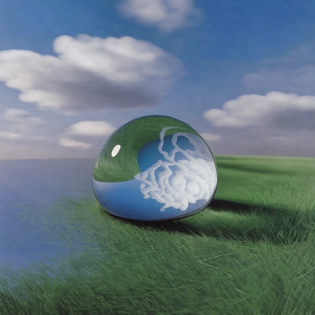 surrealist minimalism, a single hyper-realistic liquid droplet resting on a smooth flat surface, internal intricate organic thread-like veins, vibrant emerald green and azure blue color palette, soft natural daylight, dreamlike liminal space aesthetic, crisp macro focus, soft bokeh background, ethereal glow, high-fidelity cgi, clean centered composition, minimalist atmosphere, bright white highlights, pristine textures, calm and serene mood.