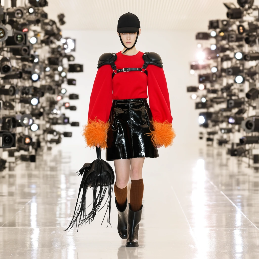 A fashion model walks down a glossy white runway wearing a striking ensemble. She wears a black cap with a chin strap, black shoulder pads harnessed across her chest, and a bright red top with voluminous sleeves finished with orange feathered cuffs. She pairs this with a shiny black vinyl skirt, brown knee-high socks, and black leather boots. She carries a black handbag with long fringe details. The background features walls entirely composed of numerous lighting fixtures and camera flashes, creating a brightly lit, high-fashion environment with reflections on the floor.