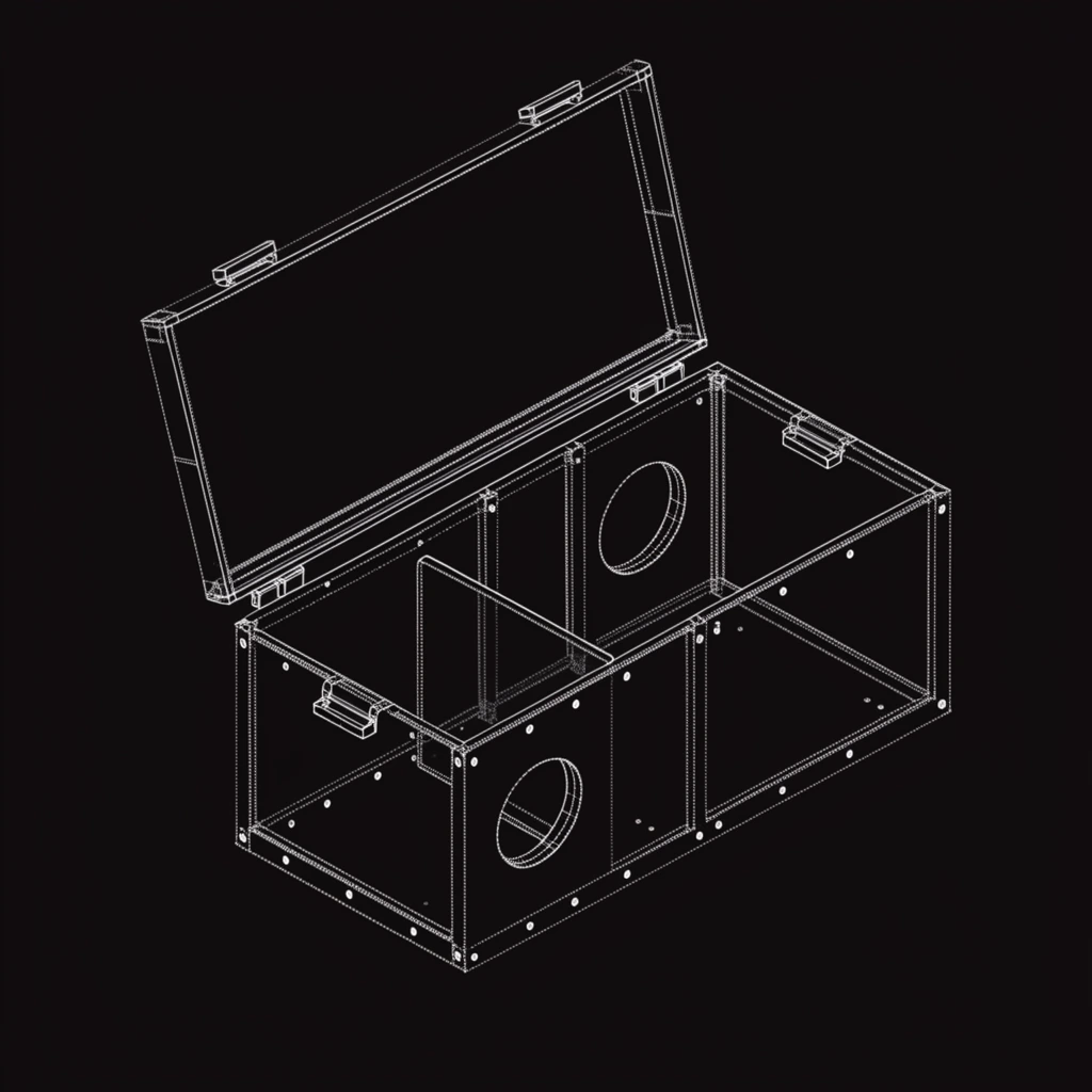 Isometric wireframe diagram of a rectangular enclosure and open hinged lid, rendered in white dotted lines on a solid black background. The exploded technical CAD drawing details internal compartments, circular cutouts, and fastening points with minimalist precision.