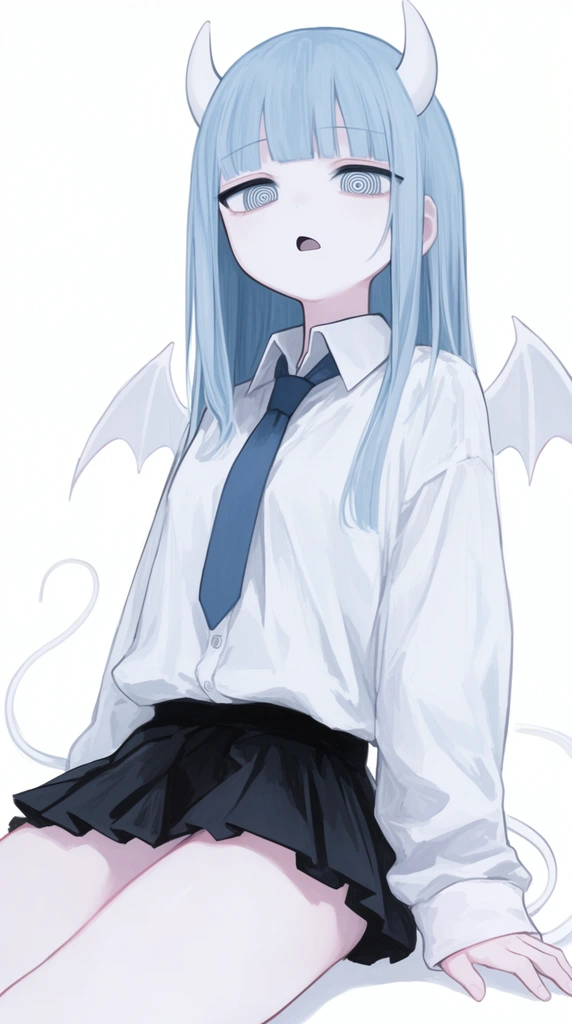 An anime-style illustration features a pale-skinned girl with supernatural traits sitting against a stark white background. She has long, straight light blue hair with blunt bangs, two smooth white horns on her head, small white bat-like wings, and a thin, curling white tail. Her heavy-lidded eyes display distinctive concentric circular pupils, and her mouth is slightly open in an indifferent expression. She wears an oversized white long-sleeved button-up shirt, a dark blue necktie, and a short black pleated skirt. Her posture is relaxed, leaning back with her left hand resting beside her bare thigh. The artwork utilizes clean line work, soft pastel shading, and a muted color palette to create a melancholic, ethereal aesthetic.