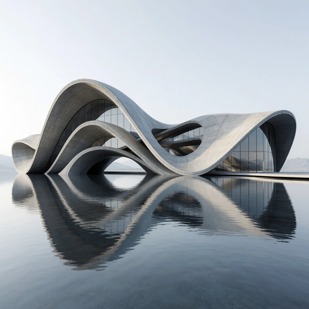 futuristic organic architecture, undulating concrete wave structure emerging from still water, intertwining sculptural ribbons of light grey concrete, curved glass facades beneath sweeping arches, mirrored reflection on the subtly rippled surface, pale overcast sky, distant mountains on the horizon, hyper-realistic architectural visualization, diffuse natural daylight, wide symmetrical framing