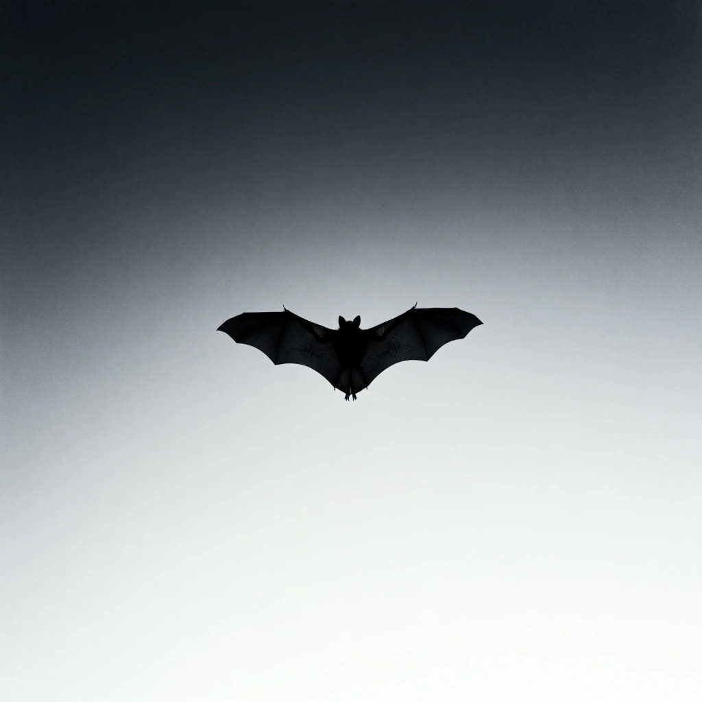 A striking black silhouette of a bat gliding with fully extended wings, perfectly centered in a vast, minimalist sky. A smooth, dramatic gradient transitions from deep charcoal gray at the top to stark white at the bottom, emphasizing extreme high contrast and a moody, ethereal aesthetic.