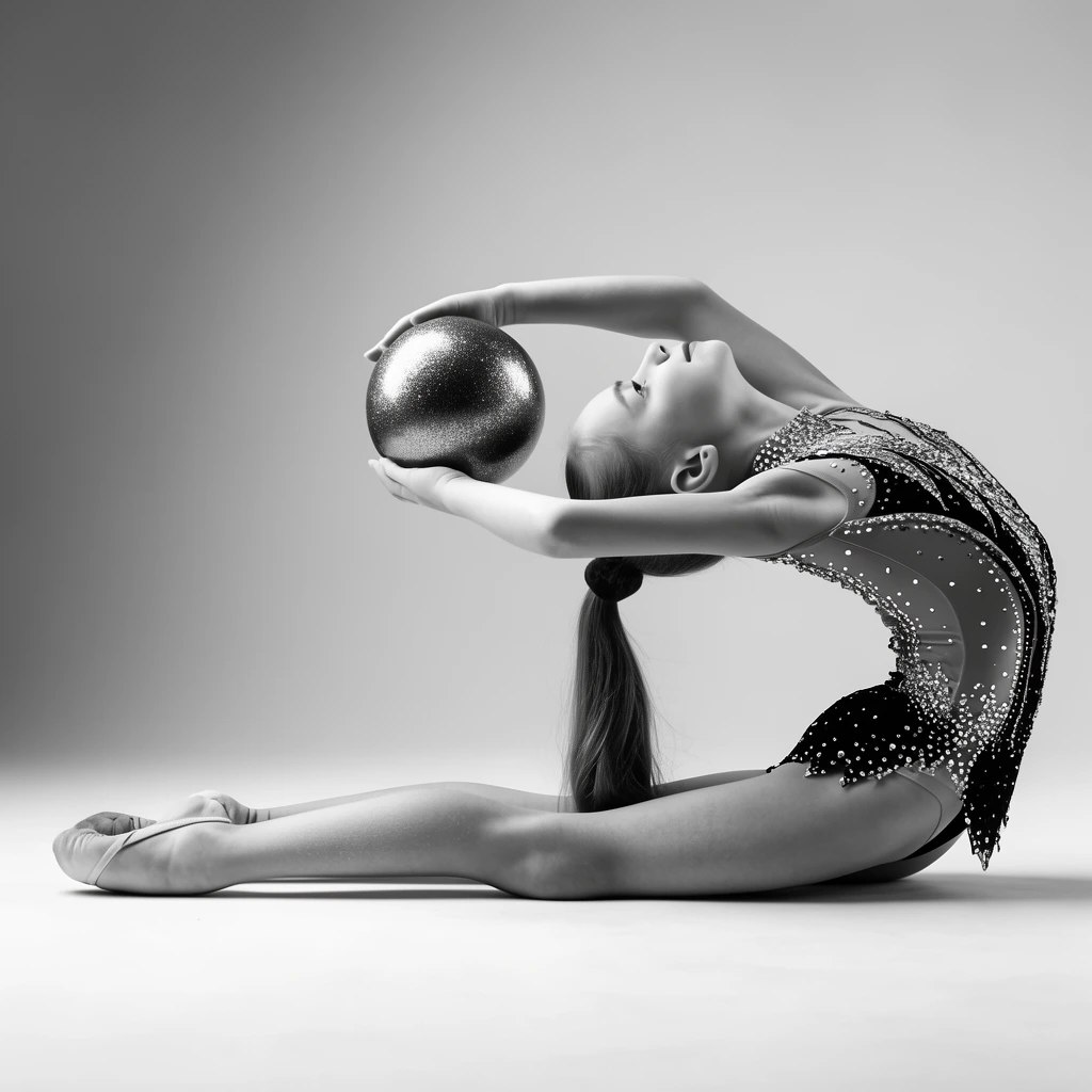 A black and white portrait of a young rhythmic gymnast performing a severe backbend on a studio floor. Her straight legs extend forward as her torso arches sharply backward to gracefully hold a glittering ball behind her head. Wearing a rhinestone-embellished leotard and a high ponytail, her striking geometric pose is highlighted by soft directional lighting against a seamless gradient backdrop.