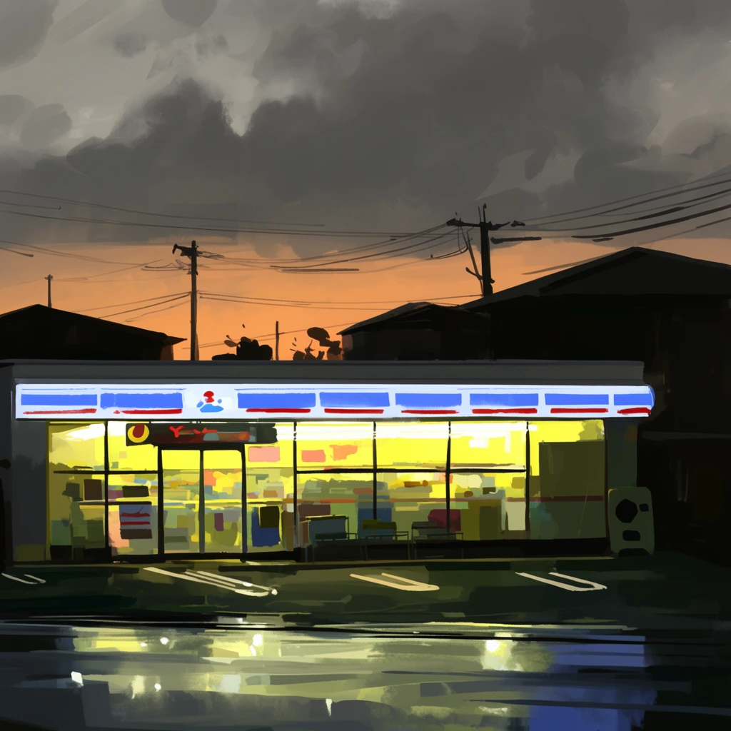 brightly lit convenience store at twilight, glowing yellow interior, blue and white awning, wet asphalt reflecting light, dark silhouetted buildings, overhead power lines, utility poles, heavy gray clouds, orange sunset glow, painterly digital art, loose brushstrokes