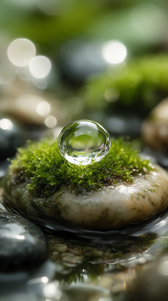 perfectly spherical water droplet resting on vibrant green moss atop a smooth river stone, extreme macro photography, crisp reflection inside the central droplet, surrounded by shallow water and dark wet stones, lush green and earth tone color palette, extreme shallow depth of field, highly blurred background with large circular white bokeh highlights, specular lighting, soft diffused natural illumination, hyper-detailed organic textures