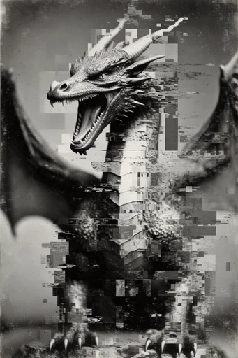 Monochrome Glitch Noir style reference image — digital distortion
