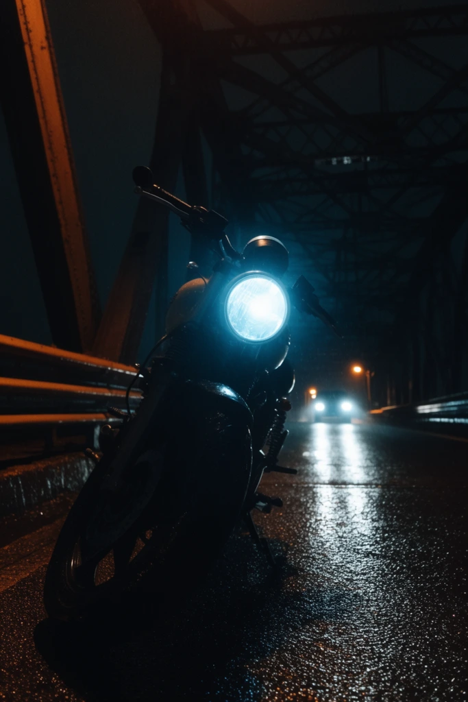 A motorcycle rests on wet asphalt under the dark, heavy... | Krea