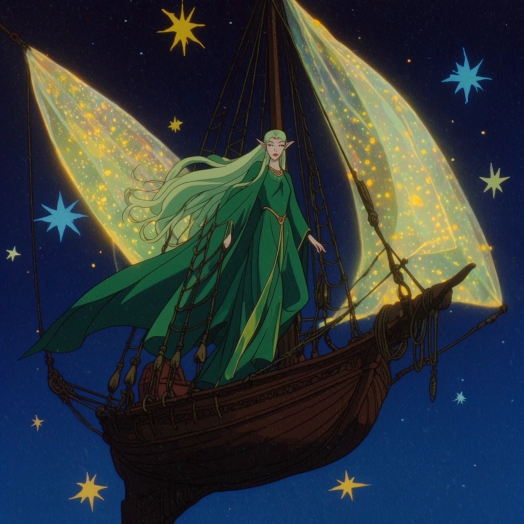 flying gondola with glowing silk sails in a dark blue night sky, slender elven woman with flowing hair and emerald robes standing on the rigging, scattered stylized yellow and light blue stars, vintage 2D cel animation, grainy retro aesthetic