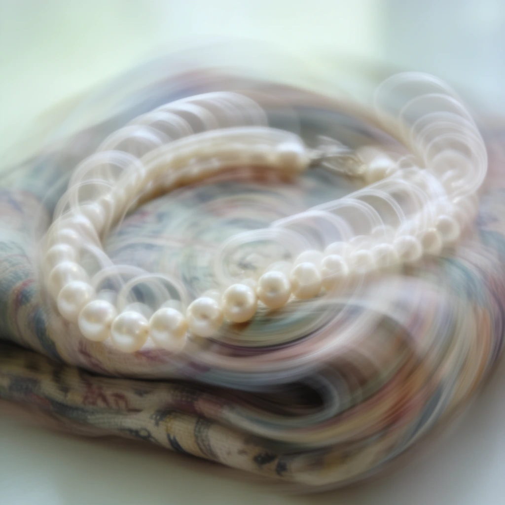 A pearl necklace draped over folded patterned fabric, heavily distorted by an extreme radial motion blur. The intense rotational spinning effect smears the spherical pearls into sweeping, overlapping concentric white arcs and ghostly circular trails. The underlying folded patterned fabric stretches and warps into continuous, dizzying swirls of soft, muted colors, its original woven designs elongated into smooth, curving bands that echo the sweeping movement. The central axis of the rotation remains slightly more defined, while the outer sections of the draped necklace and fabric spin outward with intense velocity, generating multiple semi-transparent afterimages. Soft, diffused lighting bathes the composition, flattening shadows and rendering the surrounding space as a pale, washed-out ambient glow. The extreme rotational distortion obscures fine details and surface textures, transforming the physical objects into an ethereal, kinetic vortex of curved shapes and soft light.
