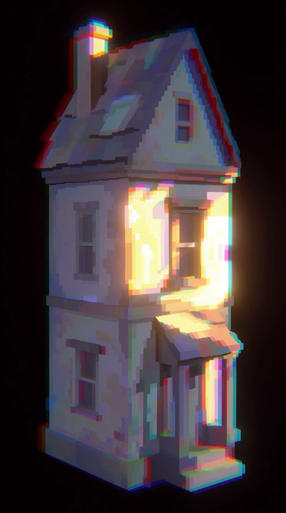 A tall, narrow house rendered as a low-poly 3D model isolated against a stark, pitch-black background. The structure is built from chunky, faceted geometry with a distinctly pixelated, early 32-bit video game aesthetic. A heavy chromatic aberration effect distorts the image, creating severe horizontal red, cyan, and magenta color fringing along all the outer edges and structural lines of the building. The shadowed areas of the house exhibit a muted, low-saturation palette of pastel purples, cool blues, and soft grays. Striking, localized patches of harsh, glowing light illuminate distinct sections of the exterior in bright, warm yellows and intense whites, featuring a blocky, step-gradient bloom effect. The rendering highlights highly aliased, jagged outlines and chunky pixel textures throughout the surfaces, unifying the architecture under a distinct retro digital glitch art style.