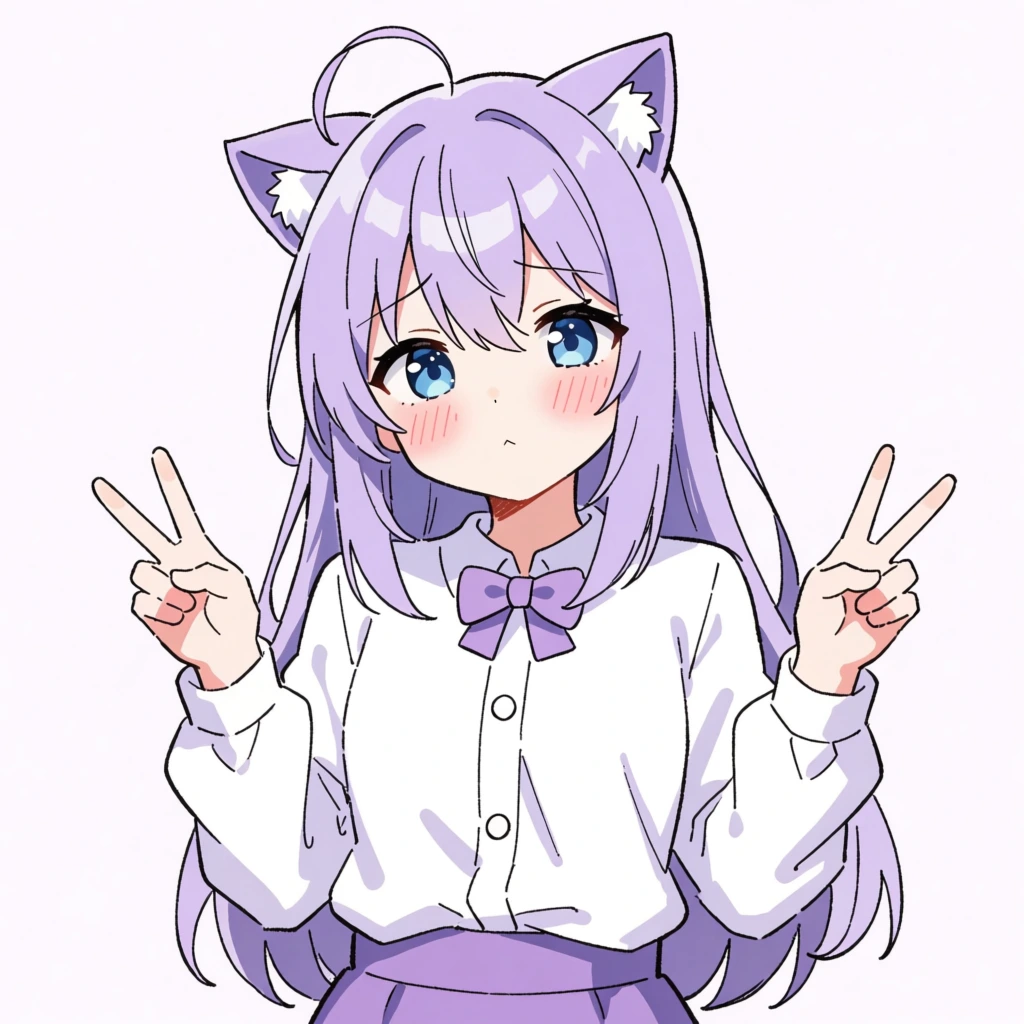 A medium shot of a lavender-haired anime girl with cat ears making peace signs with both hands against a plain background. The girl has long, straight lavender hair with a single loose strand arching over her forehead and two matching cat ears with white inner fluff atop her head. Her large, sparkling blue eyes look forward with a bashful expression, complemented by pink blushes on her cheeks and a tiny, neutral mouth. She wears a white button-down blouse with a small purple bow at the neck and a purple skirt. The shirt features two round, white buttons visible along the center placket. Her arms are raised to either side of her chest, with both hands forming a V-sign with palms facing forward. The background is a solid, light off-white color. The digital illustration uses clean black line work and soft cell shading, primarily utilizing a color palette of lavender, white, and blue. The lighting is bright and uniform, casting subtle shadows beneath her chin and hair strands.