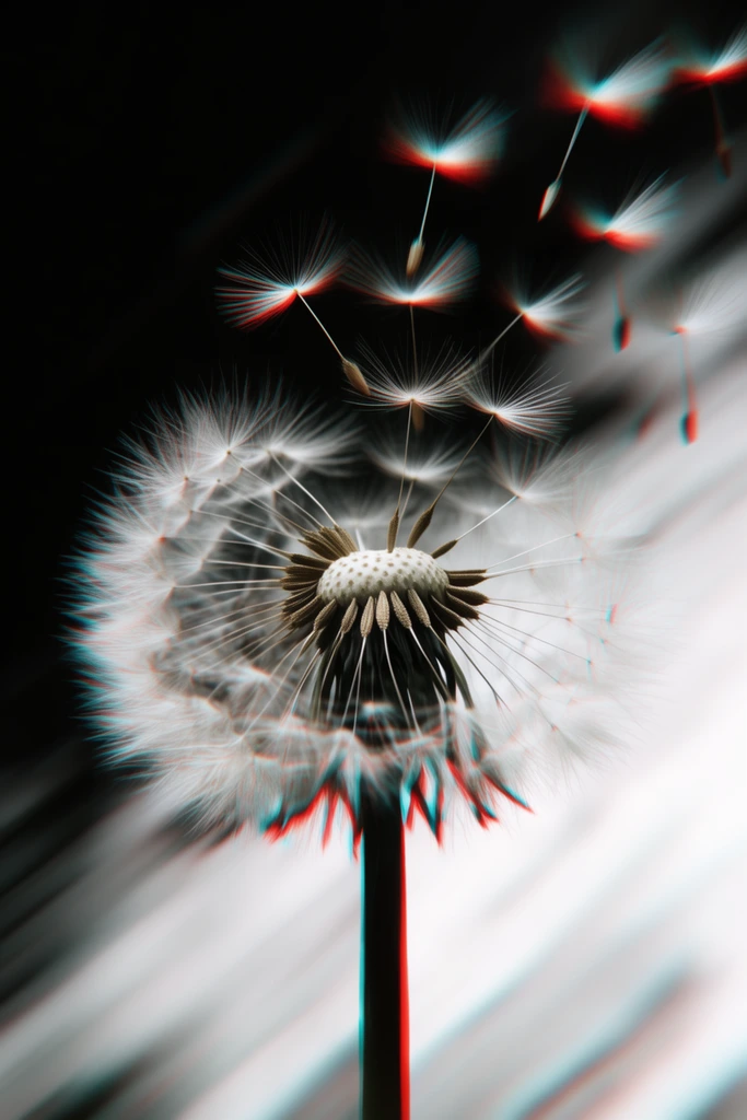 Macro photograph of a dandelion seed head with white seeds detaching and floating upward. Heavy chromatic aberration causes red and cyan fringing along the delicate filaments and dark stem. Intense radial motion blur distorts the seeds against a high-contrast background divided into deep black and streaked bright white.
