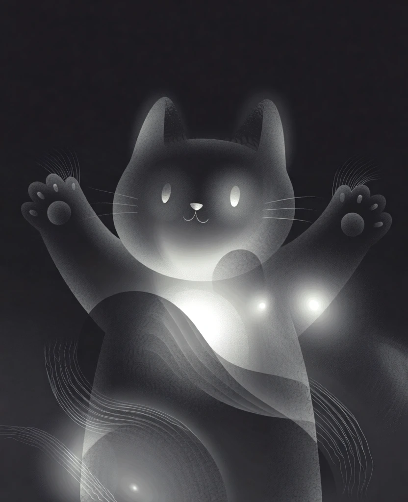 minimalist surrealist cartoon cat with paws raised and spread wide, grainy monochrome stipple texture, soft ethereal glow emanating from the core, dreamlike atmosphere, high contrast black and white, subtle airbrushed gradients, fine textured line work, translucent layering of organic shapes, soft-focus glowing highlights, centered composition, moody dark background, glowing eyes and whiskers, paws rendered with soft rounded forms, ethereal light trails, grainy noise aesthetic