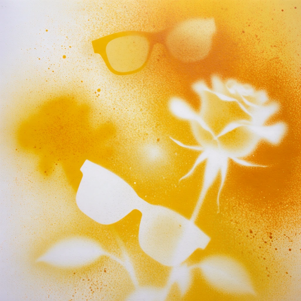 lo-fi spray-paint stencil aesthetic, ghostly silhouettes of minimalist sunglasses and an analog watch alongside a blooming rose, monochromatic marigold and ochre palette, heavy stippled texture with fine splattered grain, diffuse nebulous edges, analog printmaking quality, experimental boutique brand identity style, organic arrangement, stippled paint speckles creating soft-focus negative space forms, warm sun-drenched tone, minimalist graphic composition.