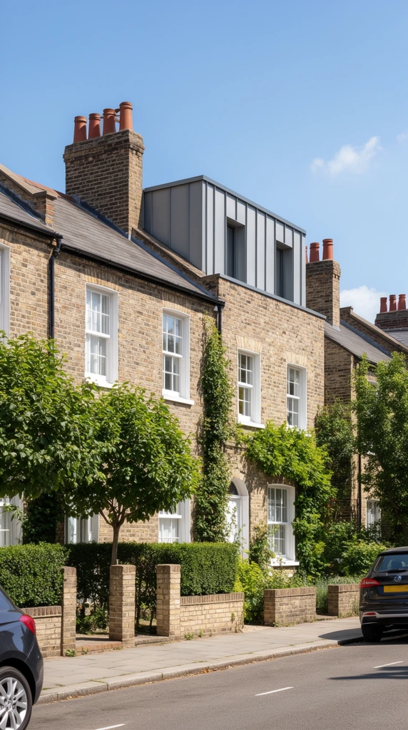 A sunny street view captures traditional brick terraced houses, one featuring a modern grey metal rooftop extension. Pale brown brick facades display white-framed sash windows and tall chimneys topped with terracotta pots. Lush green vines climb the exteriors beside mature leafy trees in the front gardens. Low brick boundary walls and trimmed hedges line a paved sidewalk next to an asphalt road with parked cars. Crisp architectural photography under a bright blue sky highlights the stark contrast between the historic residential masonry and the contemporary vertical-seamed top-floor addition.