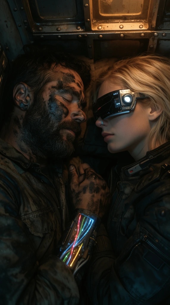 two figures lying face-to-face in a cramped metallic space, rugged bearded mechanic smeared in black engine grease, glowing fiber-optic cable on forearm, blonde woman in dark tactical jacket with sleek high-tech visor, huddled together against riveted steel walls, dim warm amber and cool blue cinematic lighting, tight close-up, high contrast