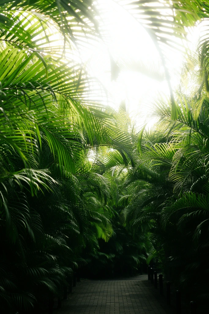 A lush tropical walkway framed by a dense canopy of arching palm fronds. An eye-level perspective follows a shaded path of rectangular paving blocks disappearing into deep, vibrant green shadows. Overlapping pinnate leaves lean inward to form a natural tunnel. Blinding white sunlight dominates the completely blown-out upper sky, filtering intensely through the top foliage to create striking backlighting. Small dark bollards line the path edges. The high-contrast illumination highlights the intricate linear textures of the palm leaves against the bright haze above.