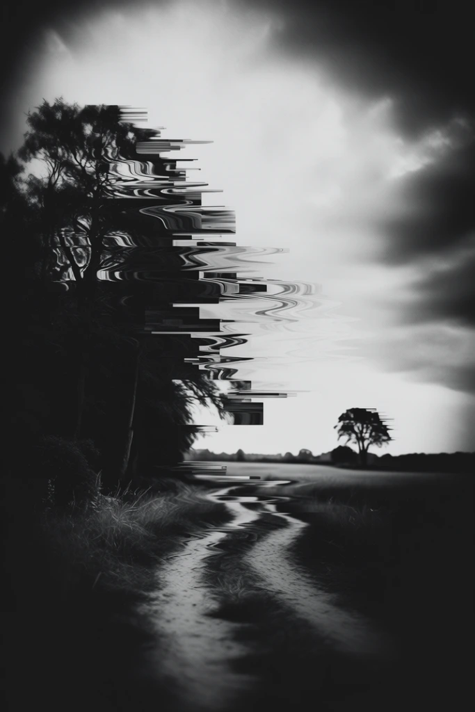 Monochrome Kinetic Glitch style AI image example 2