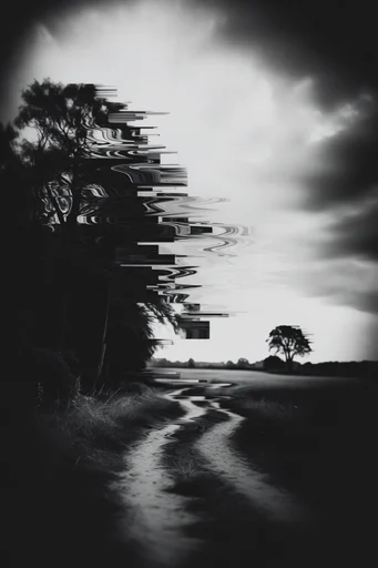 Monochrome Kinetic Glitch style AI image example 2
