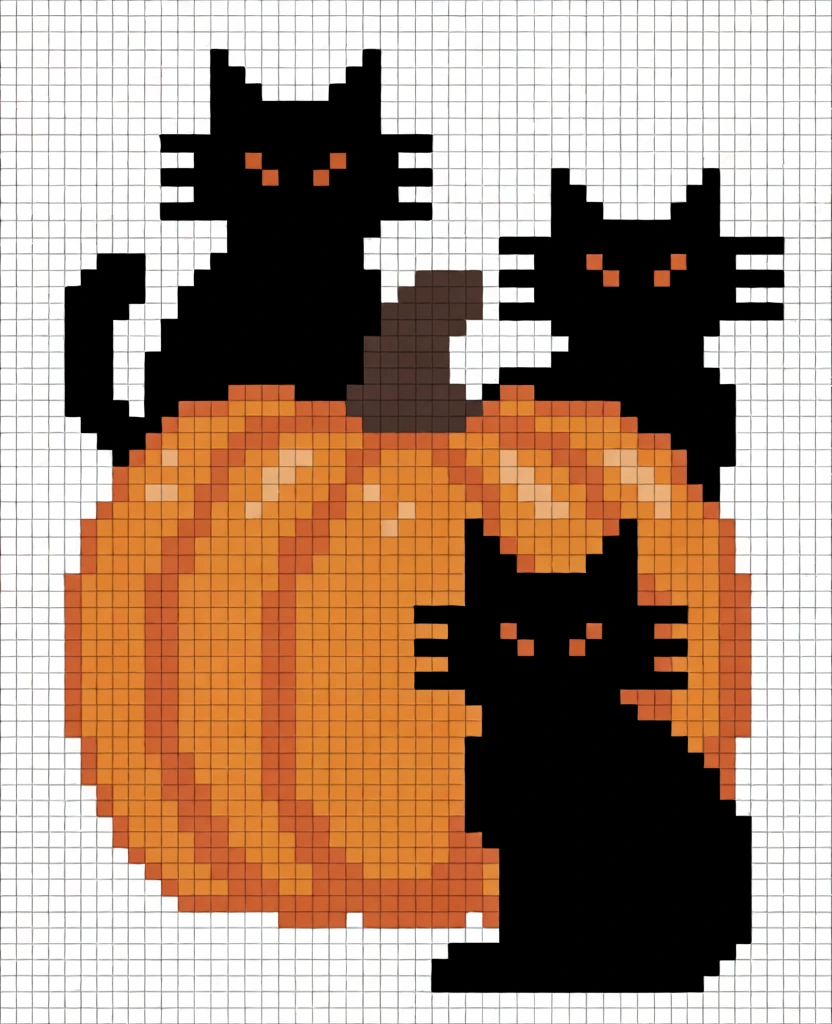 A pixel art illustration depicts three black cats positioned around a large orange pumpkin against a white and gray grid background. The central element is a large, rounded orange pumpkin with a dark brown stem at the top and vertical lines indicating its segmented surface. Lighter orange pixels are scattered across the pumpkin's surface as highlights. One black cat sits atop the pumpkin, featuring pointed ears, two small orange pixel eyes, and a curled tail on its left side. A second black cat is positioned to the right and slightly behind the pumpkin, while a third black cat sits in the foreground on the bottom right, overlapping the front of the pumpkin. Each cat has a solid black silhouette, pointed ears, two small orange pixel eyes, and three horizontal lines on each side of their heads representing whiskers. The entire group is set against a background of a white and light gray grid, resembling a cross-stitch pattern or graph paper. The image follows a 2D digital art style using discrete blocks of color within a grid. The color palette is composed of black, various shades of orange, dark brown, white, and light gray. The perspective is a direct front view with flat layering of the subjects.
