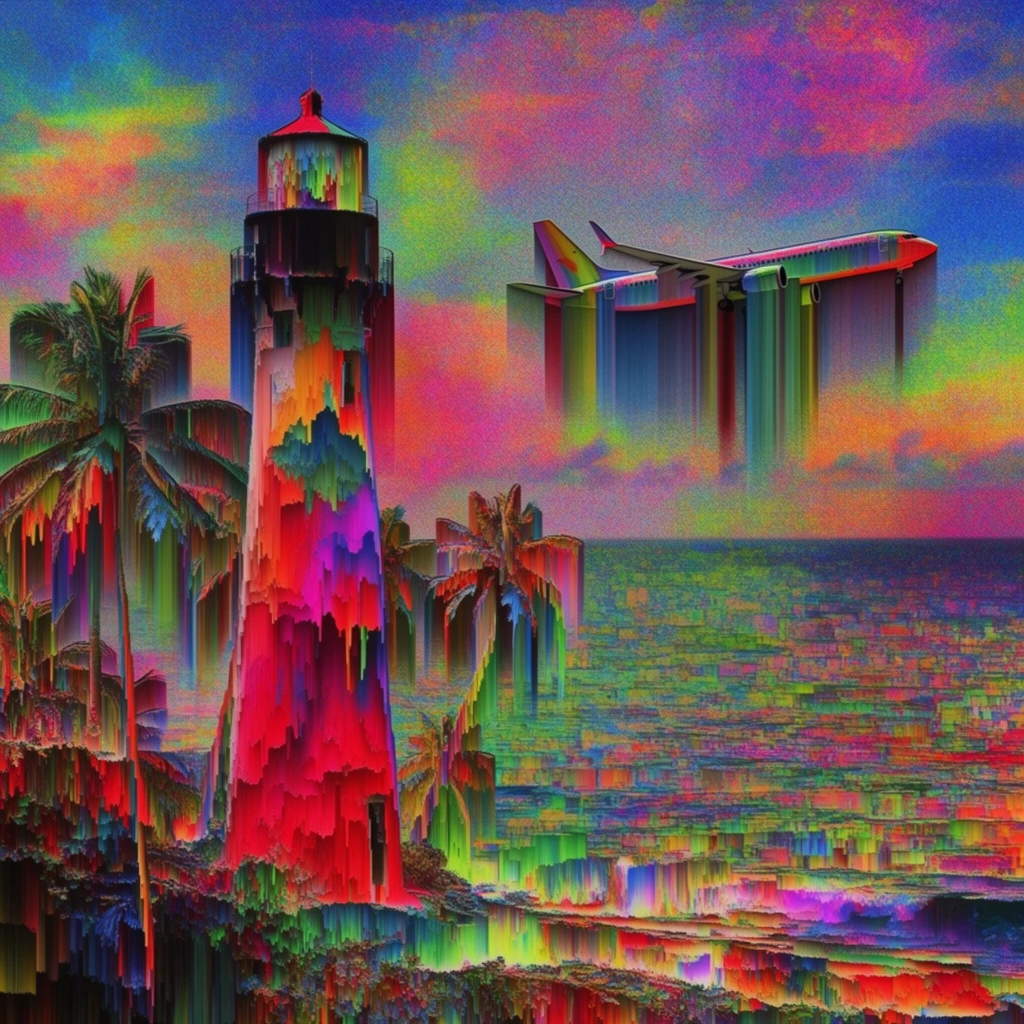 A heavily databent, hyper-saturated glitch art landscape features a tall lighthouse and palm trees on a shoreline before an ocean, with an airplane flying horizontally to the left across the sky. The entire scene is profoundly distorted by extreme downward vertical pixel sorting, creating a melting, cascading visual effect across all elements. The tall lighthouse and surrounding palm trees on the left fragment into jagged, bleeding streaks of neon magenta, bright crimson, lime green, and electric blue. The ocean background and shoreline are rendered as shimmering, striated blocks of corrupted digital color banding. In the vibrant sky, the horizontally flying airplane trails sharp, vertical digital artifacts that drag its form downward into the atmosphere. The composition replaces natural shading with intense, hallucinatory luminescence, aggressive digital noise, and a psychedelic palette where every structural element dissolves into vertical, wax-like drips of corrupted pixel data.