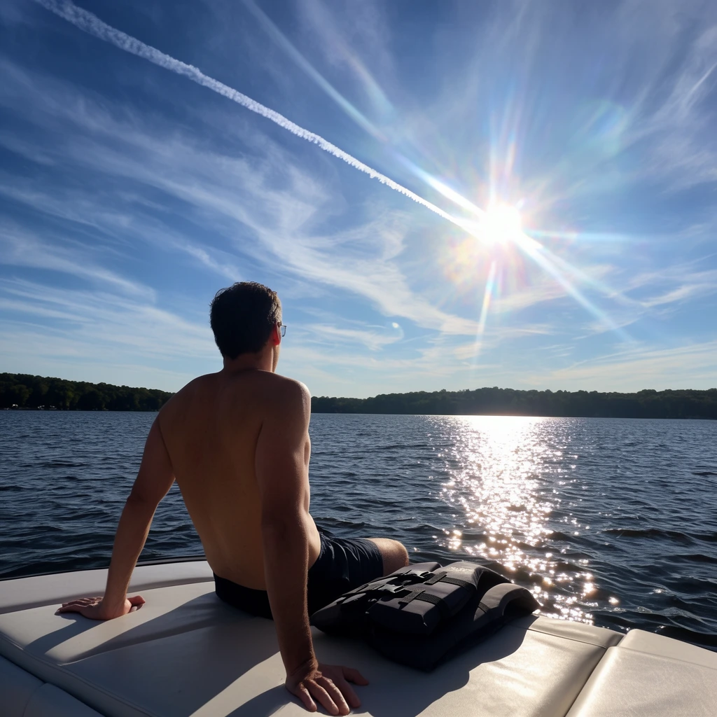 A shirtless man in dark swim trunks sits facing away on a white padded boat deck, looking across a rippling lake toward a distant tree-lined horizon. He leans back on his hands beside a folded black life vest. A brilliant sun in a blue, wispy sky creates a prominent lens flare and a shimmering reflection across the dark water, beneath a long white contrail.