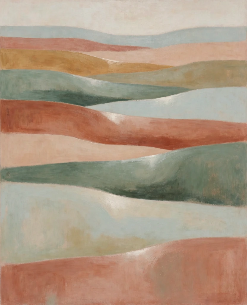 painterly minimalist landscape, rolling horizontal ridges stacked behind one another in flattened planes, soft gestural brushwork, muted earthy color palette of terracotta, sage green, pale blue, and warm ochre, diffused atmospheric lighting, modernist aesthetic, mid-century influence, organic forms, harmonious composition with soft edges, oil on canvas texture, subtle highlights, rhythmic layering of shapes.