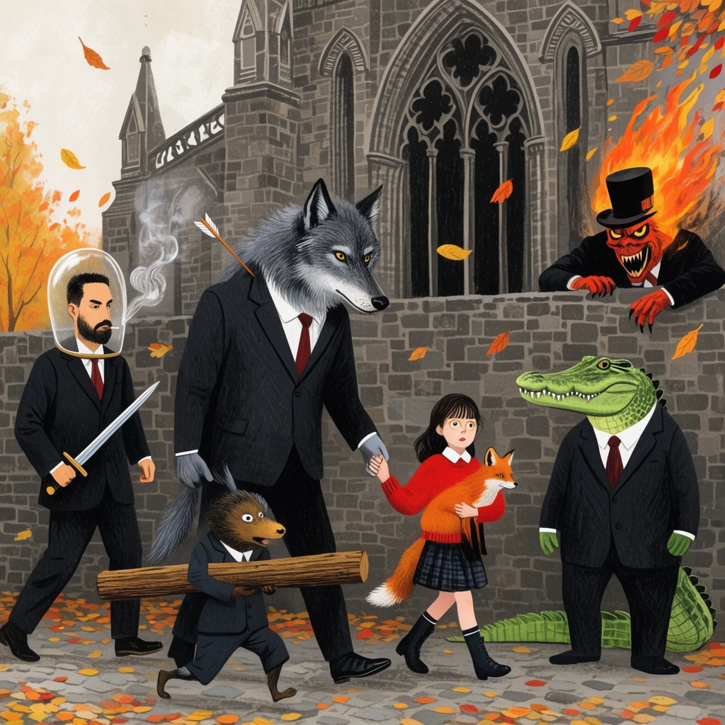 A surreal, textured illustration portrays a bizarre procession on a cobbled street beside a gothic stone cathedral. A giant suited wolf pierced by an arrow holds hands with a girl in a red sweater carrying a fox. They are surrounded by a sword-wielding man smoking inside a glass helmet, a creature running while balancing a wooden log, an upright suited alligator, and a burning top-hatted monster leaning over a wall amid blowing autumn leaves.