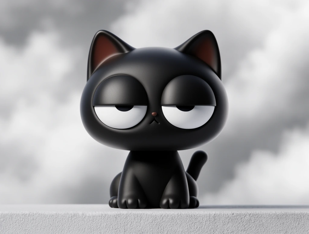 stylized 3D black cat figurine, oversized head, huge half-closed white eyes, deadpan expression, smooth matte texture, textured light ledge, soft cloudy gray background, designer toy aesthetic
