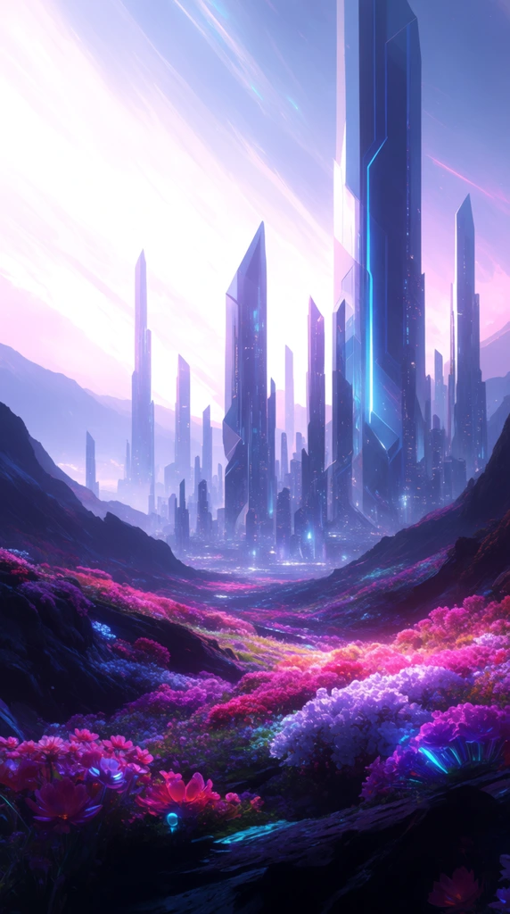 A futuristic cityscape of sleek, towering monoliths rises from a dark, rugged valley floor blooming with vibrant flora under a glowing sky. Massive crystalline skyscrapers with sharp geometric edges and glowing blue vertical accents dominate the midground. The foreground is blanketed by dense clusters of luminous magenta, violet, and pink flowers spreading across jagged rocky terrain. Behind the city, a radiant sky glows with intense white and pale lavender light, featuring sweeping diagonal atmospheric streaks. Atmospheric perspective softens the distant misty mountains. The digital painting style utilizes a dramatic neon color palette, emphasizing the sharp juxtaposition between organic alien vegetation and rigid futuristic architecture.