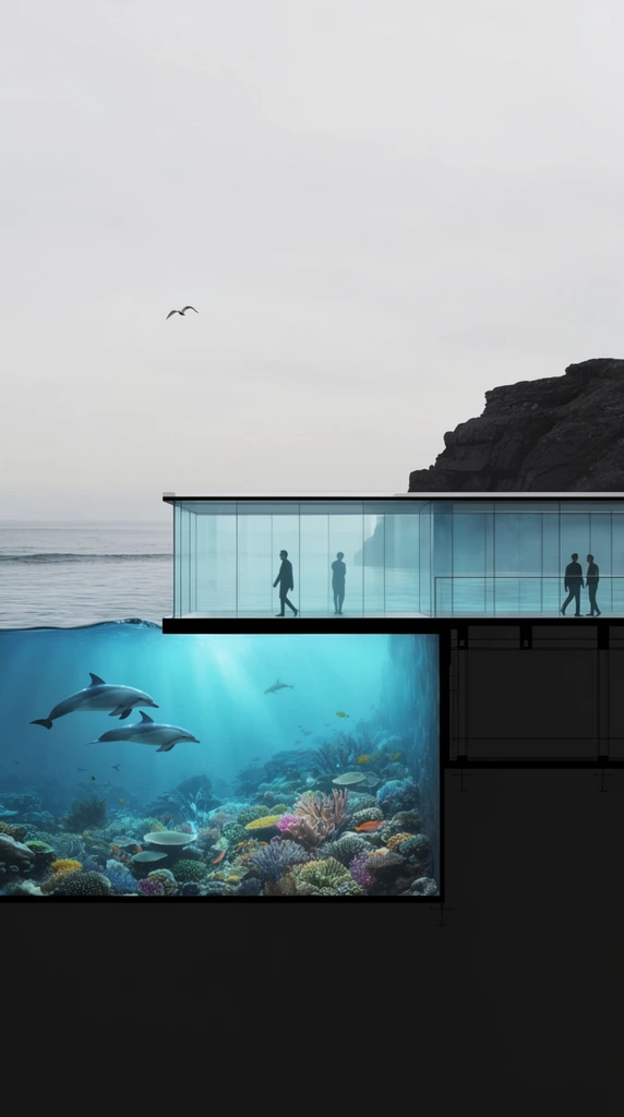 split-level cross-section architectural rendering, transparent underwater glass observation tunnel submerged in glowing cyan water, silhouetted figures inside the corridor, swimming dolphins, vibrant coral reef, stark black diagrammatic cutaway foundation, calm ocean surface above, distant dark rocky cliff, pale overcast sky, single flying bird, minimalist composition, high contrast between bright aquatic blues and deep black framing