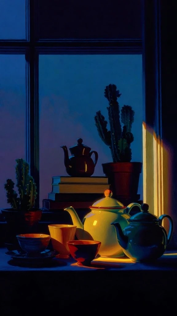 cinematic still life of a shelf and surface holding ceramic teapots, cups, bowls, stacked books, and potted cacti, captured through an architectural window frame, high-contrast chiaroscuro lighting, sharp amber-yellow interior glow clashing with deep cobalt blue ambient dusk, rich color blocking, silhouetted forms, smooth painterly rendering, glowing highlights on glazed surfaces, melancholic atmosphere, edward hopper inspired mood, clean geometric composition, soft light bloom