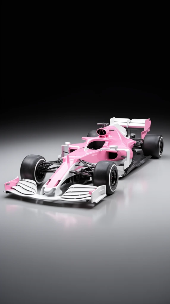 sleek open-wheel racing car, striking bubblegum pink and solid white aerodynamic chassis, multi-element front and rear wings, exposed dark suspension components, protective cockpit halo, massive wide black tires with white sidewall rings, high-gloss finish, sculpted sidepods, automotive studio photography, smooth gradient grey floor, infinite black background, overhead softbox lighting, soft floor reflections, sharp focus, pristine minimalist presentation
