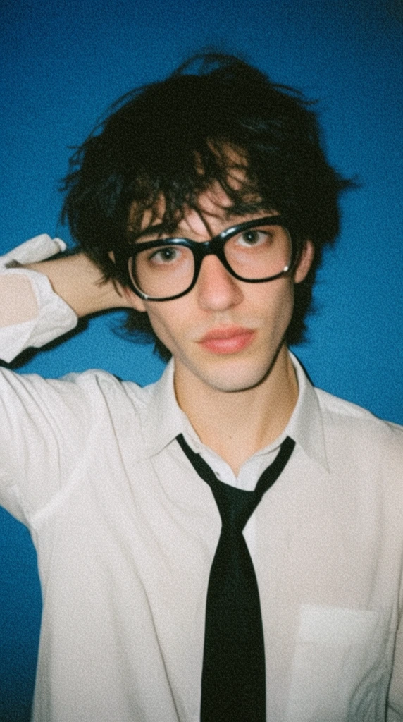 young man with messy dark hair and thick black glasses, untucked white shirt, skinny black tie, hand behind head, solid blue background, heavy film grain, direct flash