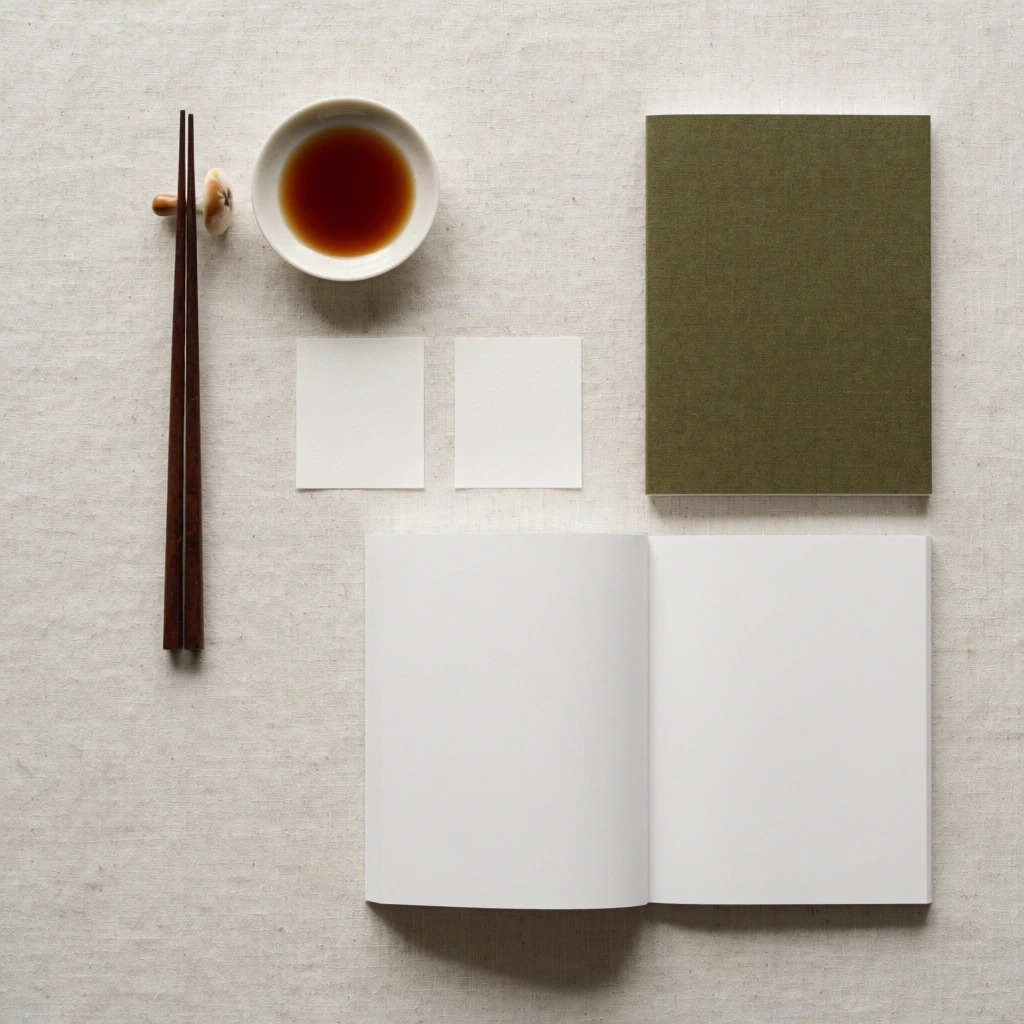 A minimalist top-down flat lay on textured off-white linen. A small white dish of dark amber liquid and dark wooden chopsticks on a tiny mushroom rest sit beside two small white paper rectangles. On the right, a closed olive-green textured booklet rests next to an open booklet revealing a crisp white page. Soft diffused lighting enhances the precise, grid-like arrangement and tactile woven background.