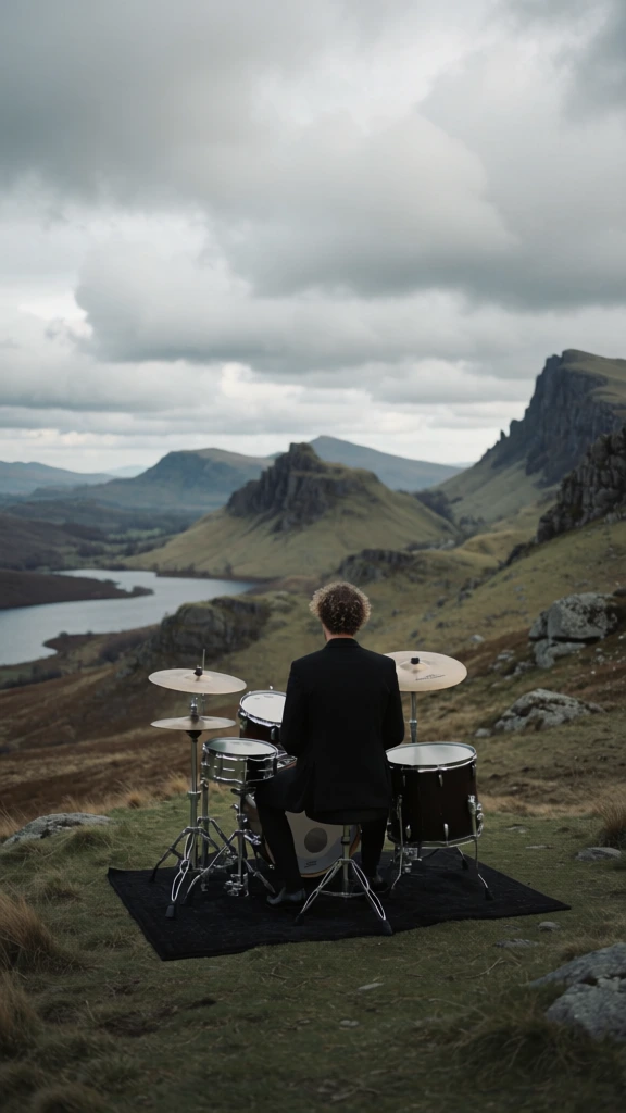 A solitary drummer in a dark suit sits on a small rug near the edge of a grassy hillside, facing away from the viewer toward a vast, moody mountain landscape dominated by jagged stone pinnacles, distant blue-gray ridges, and a winding lake under a heavy overcast sky. Photographic landscape portrait, cinematic fine-art travel photography, surreal but plausible staging, dramatic environmental portrait, crisp digital rendering, high detail, subdued grandeur, melancholic, contemplative, windswept, epic scale, moderate-to-high visual complexity, visually adjacent to Reuben Wu, Benjamin Hardman, Lars van de Goor, muted earth tones, ochre grass, slate gray rock, steel blue water, blue-gray mountains, silver cloud cover, soft diffused light, low saturation, medium contrast, slightly lifted shadows, atmospheric haze, telephoto compression feel, shallow-to-moderate depth of field, sharp subject and midground, soft distant background, no visible motion blur, no obvious grain, no visible text or watermark. The image is vertically framed, with the horizon sitting a little above the middle. The upper two-thirds are filled by an immense sky: dense layered clouds stretch across the entire width, darkest at top left and top center, with lighter veils and soft breaks near the middle. Below the cloud band, a line of puffy white clouds sits above a chain of receding mountain silhouettes that run from left to right across the far distance. On the far left midground, a pale lake curves inward from the edge of the frame, then snakes toward center-left behind rolling hills. The central and right midground are dominated by a steep ridge topped with sharp rock spires: the tallest needle-like pinnacle rises just right of center, with a smaller thin spire in front of it and a broader craggy rock mass to its right. Their dark, textured faces cast deep vertical shadows onto the grassy slope beneath. The hills are covered in tawny-green grass with scattered stones and narrow shadowed folds. In the lower center foreground, the drummer sits with straight posture on a stool, back turned, curly light-brown hair visible above a black jacket. A compact drum kit surrounds him: bass drum directly in front, snare near his lap, tom and cymbals to his front-right, all resting on a dark rectangular rug. A small pedal or case lies to his left, and a tan box-like amplifier or equipment case sits on the grass to his right. The overall feeling is tiny human presence against monumental, ancient terrain.
