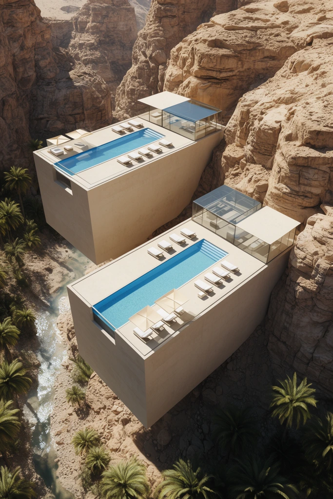 aerial perspective of luxury minimalist architecture built into steep rugged canyon walls, two massive rectangular volumes projecting over a deep gorge, flat rooftop terraces featuring bright blue swimming pools, sun loungers, glass pavilions, dry riverbed below dotted with green palm trees, bright desert sunlight, stark shadows, photorealistic architectural rendering