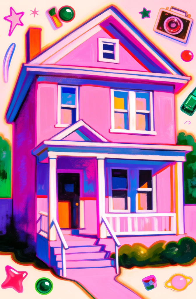 two-story house with a wooden front door, rendered in a vibrant pop art illustration style, featuring a high-saturation palette of magenta and bubblegum pink, deep electric blue and violet graphic shadows, thick bold outlines, painterly textures with luminous highlights, glowing haloed edges, whimsical composition surrounded by scattered nostalgic motifs, emerald green accents, and a soft cream background, capturing a playful and surreal contemporary aesthetic with a flat-lay feel.