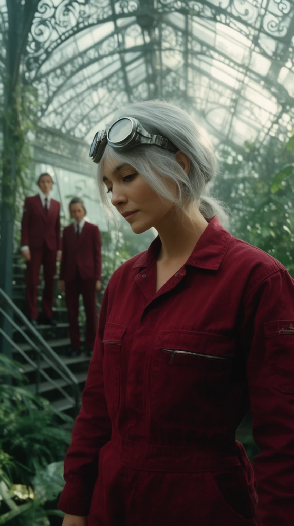 A silver-haired woman in deep crimson overalls looks down thoughtfully, goggles resting on her forehead. Two blurred figures in matching suits stand on metal stairs behind her inside a lush, wrought-iron greenhouse. Cinematic 35mm film photography with soft overhead lighting.