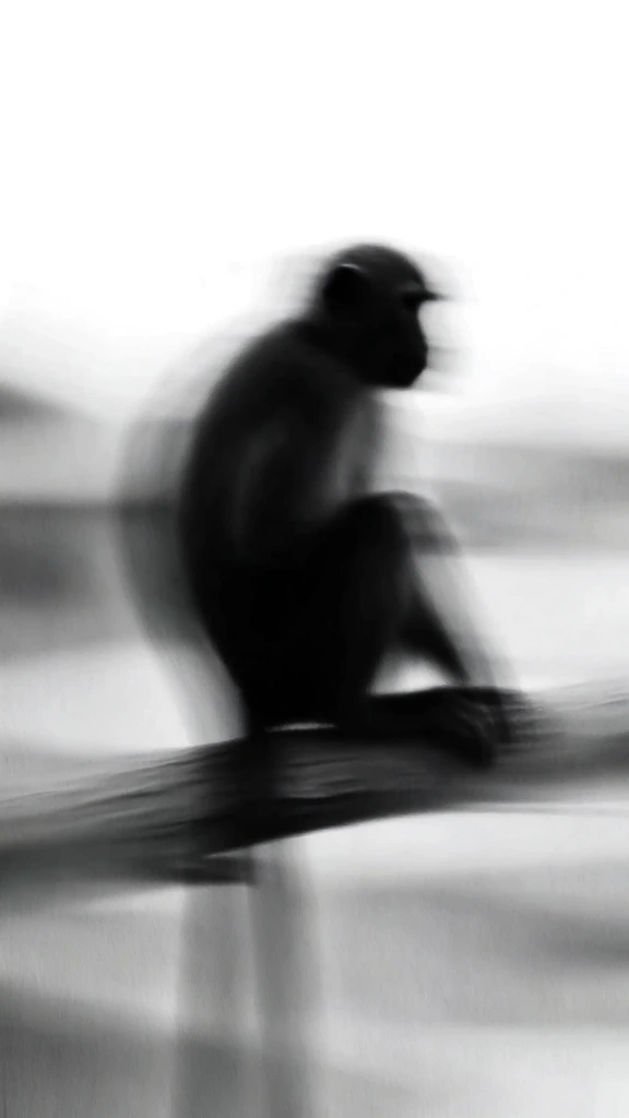 extreme soft focus, high-contrast monochrome, impressionistic silhouette of a monkey perched on a horizontal tree branch, centered vertical composition, ethereal motion blur, minimalist aesthetic, grainy film texture, no sharp edges, diffused atmospheric lighting, monochromatic palette of deep charcoal blacks and hazy whites, hauntingly beautiful, painterly abstraction, moody and pensive tone, blurred forms merging into a dreamlike gradient background.