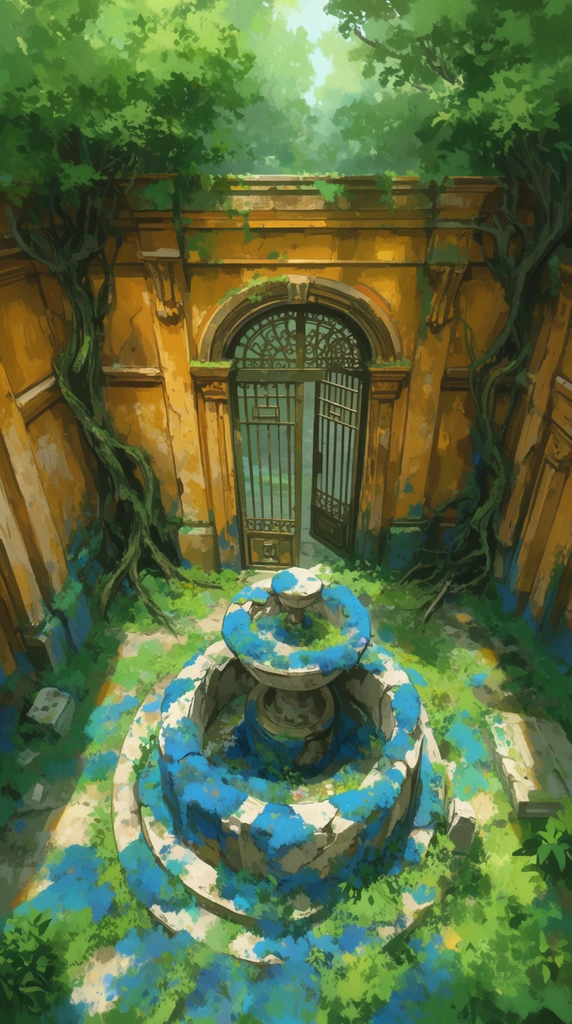 hidden courtyard of an abandoned ochre temple viewed from a high angle, central crumbling stone fountain overgrown with blue moss, heavy bronze gate slightly ajar, ancient twisting vines scaling the weathered walls, vibrant painterly anime art style, soft dappled sunlight filtering through dense canopy, visible brushstrokes, lush natural textures, serene mysterious atmosphere