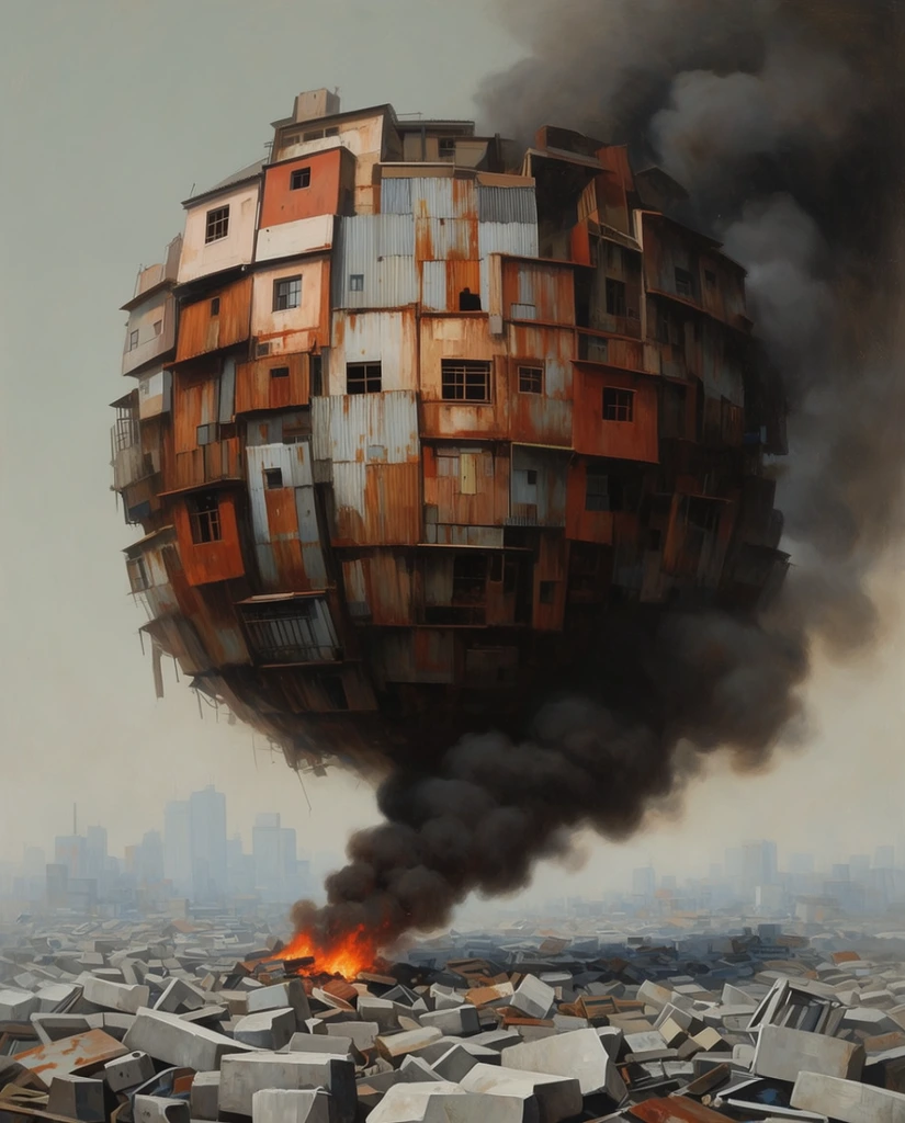 floating spherical structure of rusty building facades and corrugated metal, hovering over a wasteland of discarded gray blocks, thick dark smoke billowing from a fire, distant hazy skyline, dystopian surrealist painting