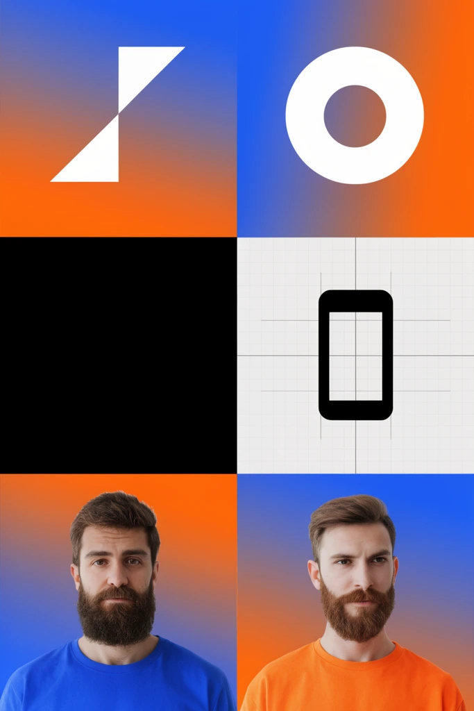 four-panel design grid, blue and orange gradient with white geometric shapes, solid black square, two bearded men in blue and orange, black smartphone wireframe icon on a technical grid